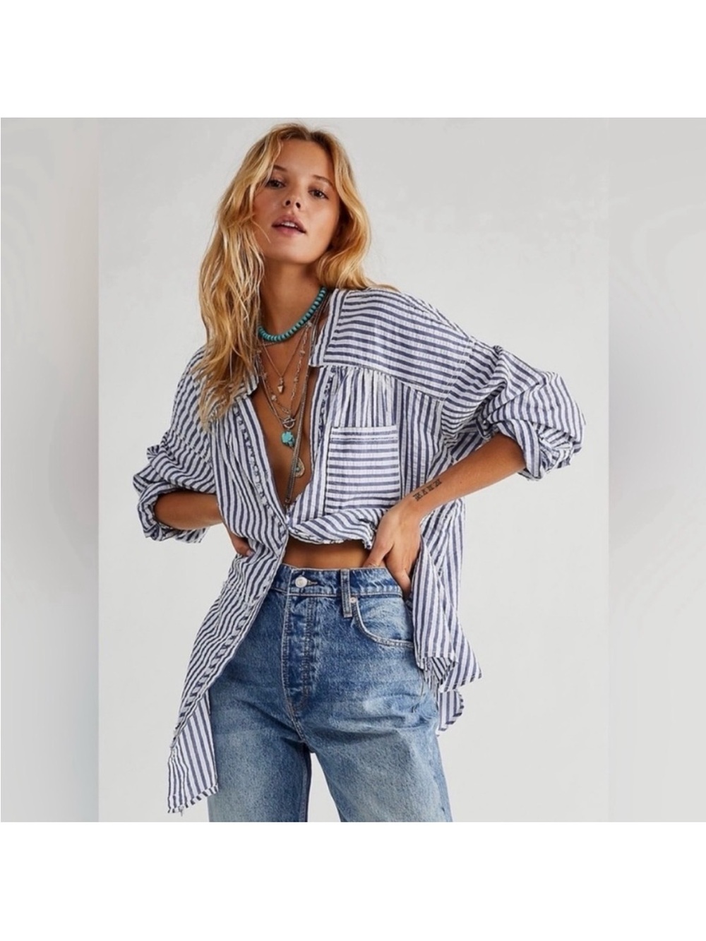 We The Free Navy and White Striped Button-Down Shirt